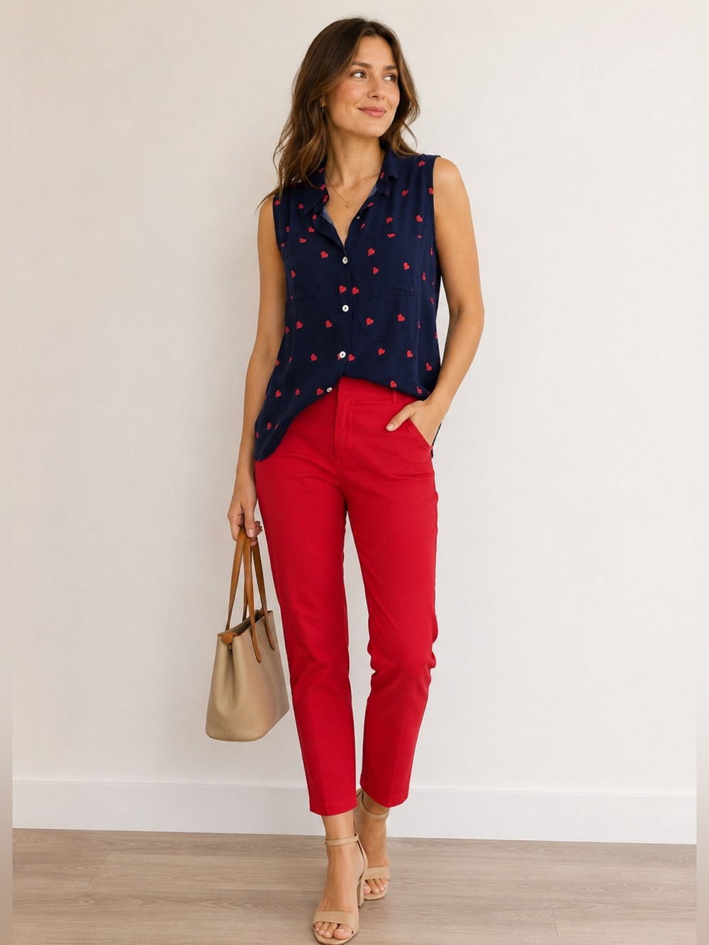 Just Living Navy Pink Heart Print Button up Shirt